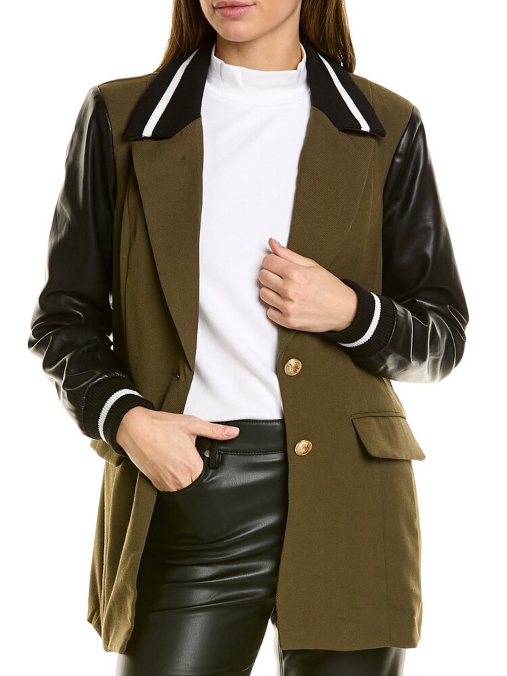 NWT Avec Les Filles Mixed Media Varsity blazer, faux leather sleeves Olive XS